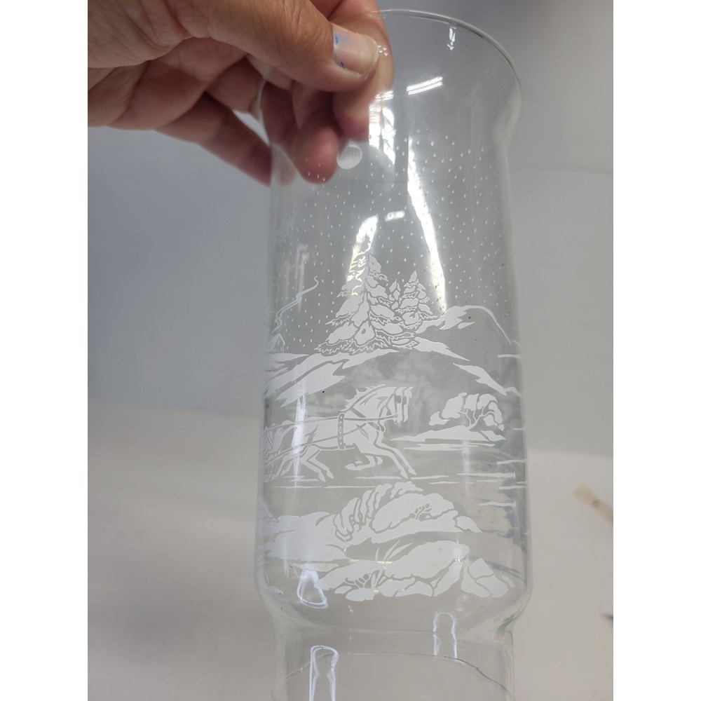 Vtg Clear Glass Hurricane Candle Shade White Frosted Winter Sleigh Scene 8.5in